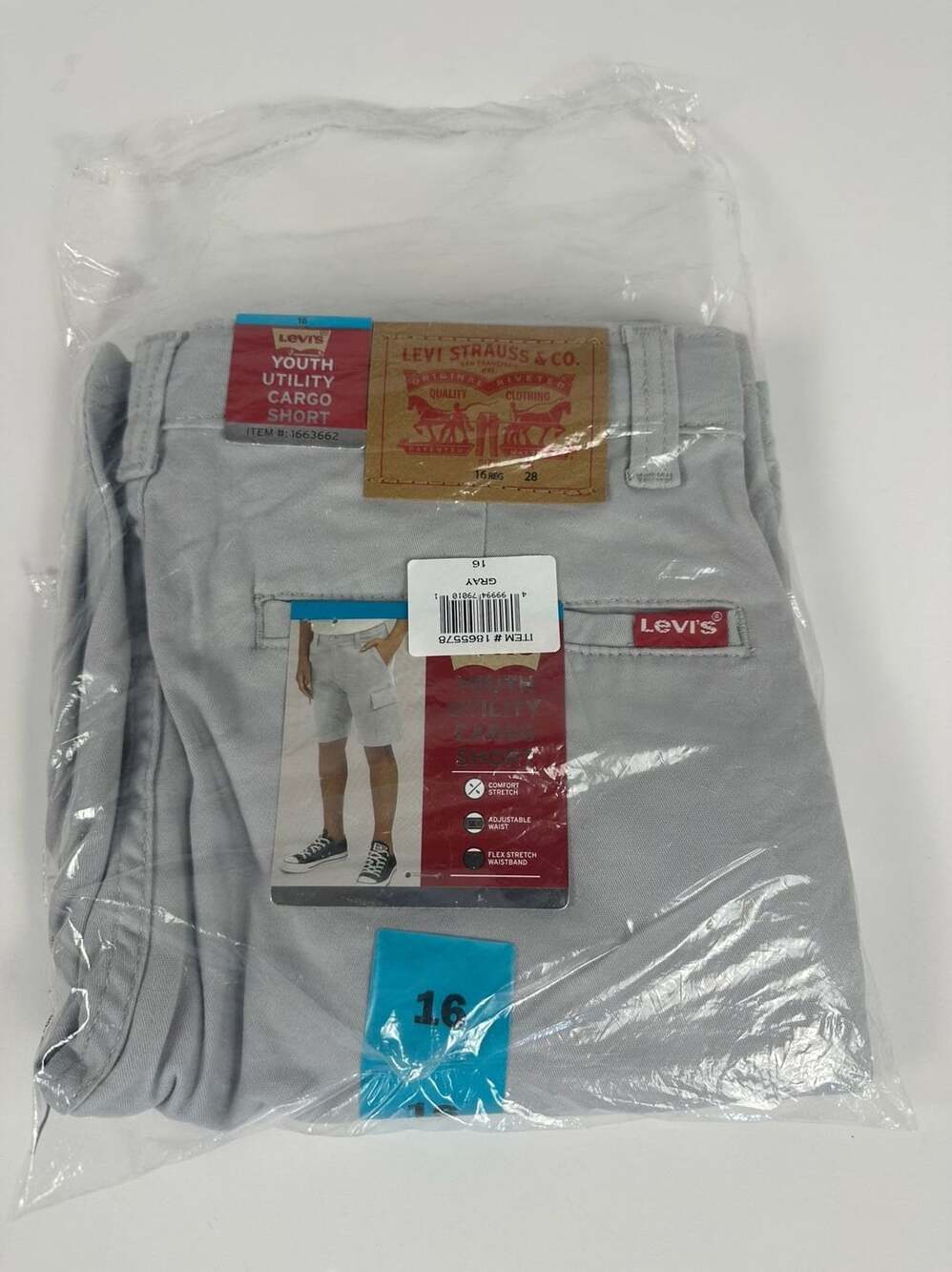 Levis Boys 16 Youth Utility Cargo Shorts Gray NWT Comfort Stretch Waist 28